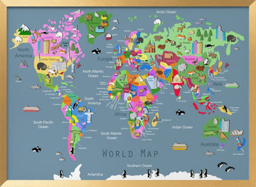 Colorful World Animal Map | Poster - Gold Frame Interior
