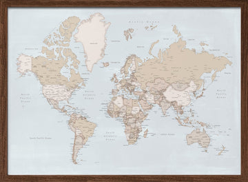 Neutral Tone World Map | Poster - Walnut Frame Interior