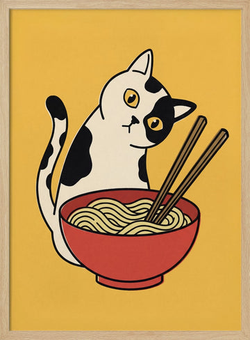 Curious Cat Ramen | Poster - Wood Frame Interior