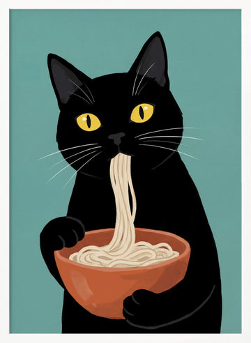 Black Cat Eating Noodles | Poster - White Frame Interior