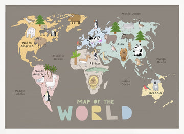 World Map with Cute Animals | Poster - White Frame Interior