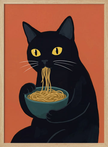 Funny Cat Eating Ramen | Poster - Wood Frame Interior