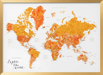 Orange Watercolor World Map | Poster - Gold Frame Interior