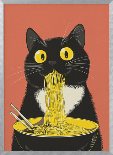 Slurping Cat Noodles | Poster - Silver Frame Interior