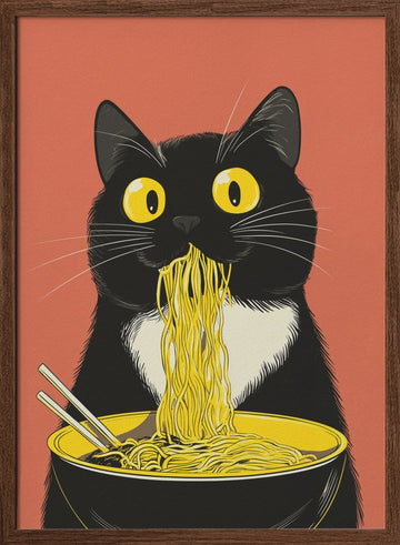 Slurping Cat Noodles | Poster - Walnut Frame Interior
