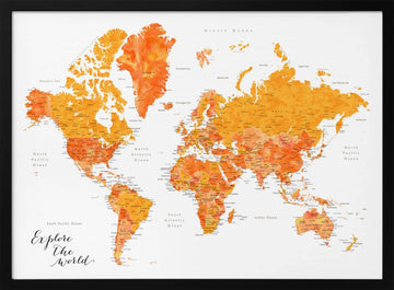 Orange Watercolor World Map | Poster - Black Metal Frame Interior