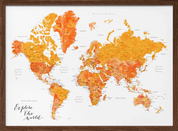 Orange Watercolor World Map | Poster - Walnut Frame Interior