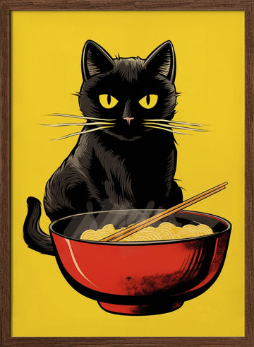 Black Cat Ramen Bowl | Poster - Walnut Frame Interior