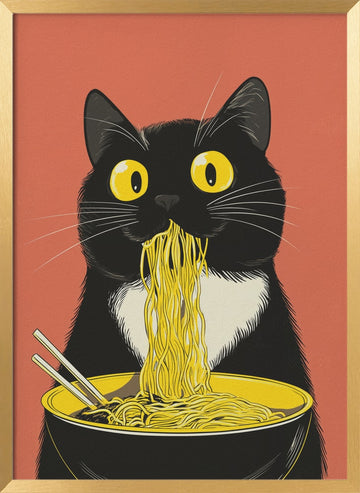 Slurping Cat Noodles | Poster - Gold Frame Interior