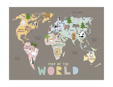 World Map with Cute Animals | Poster - Passepartout