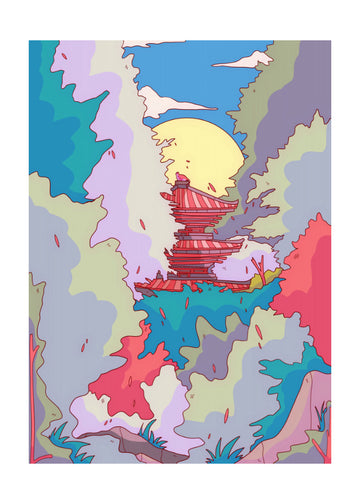 Moonlit Fantasy Pagoda | Poster - Passepartout