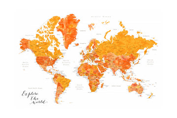 Orange Watercolor World Map | Poster - Passepartout