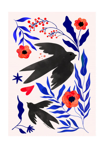 Black Swallows Blue Botanicals | Poster - Passepartout