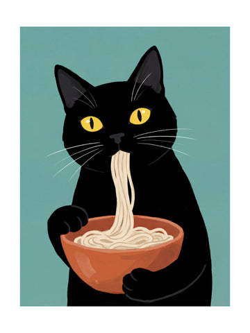 Black Cat Eating Noodles | Poster - Passepartout