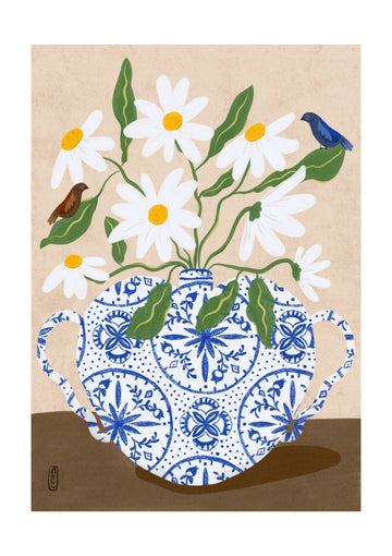 Daisies In Blue Teapot | Poster - Passepartout
