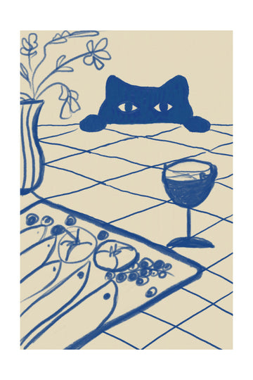 Curious Blue Cat Dinner | Poster - Passepartout